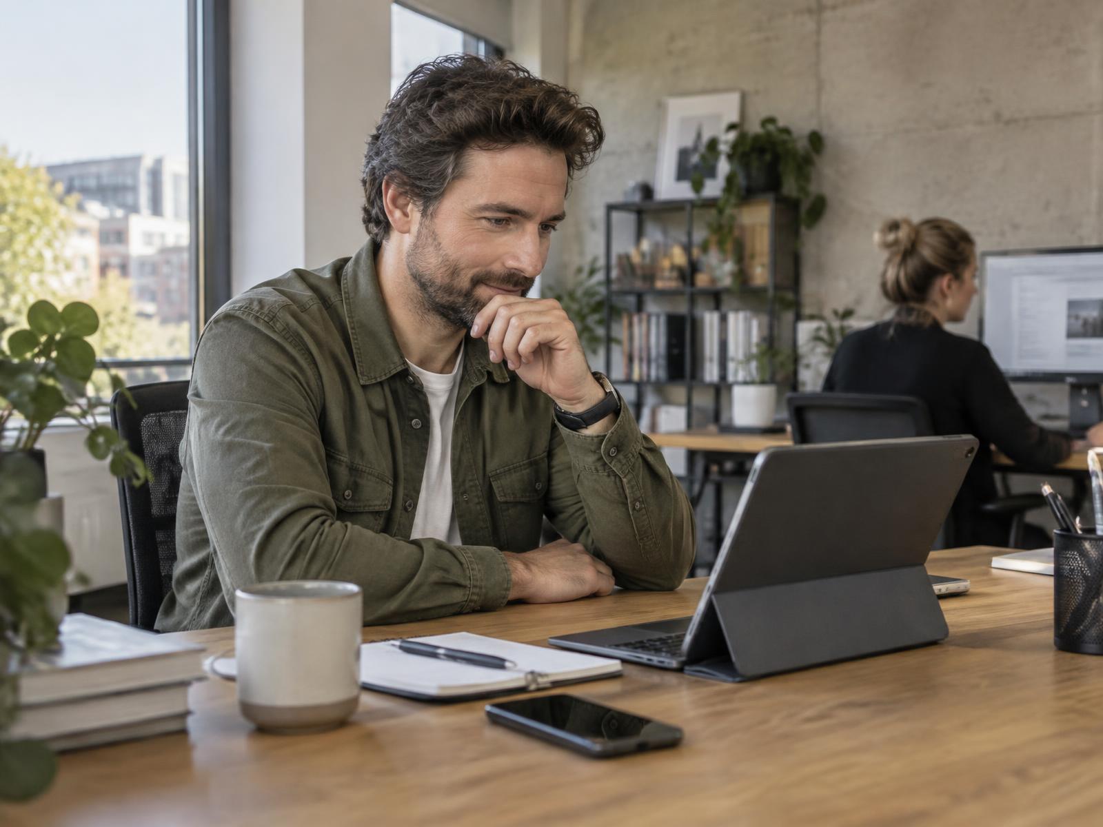 Leidinggevende volgt een training op een tablet aan zijn werkplek
