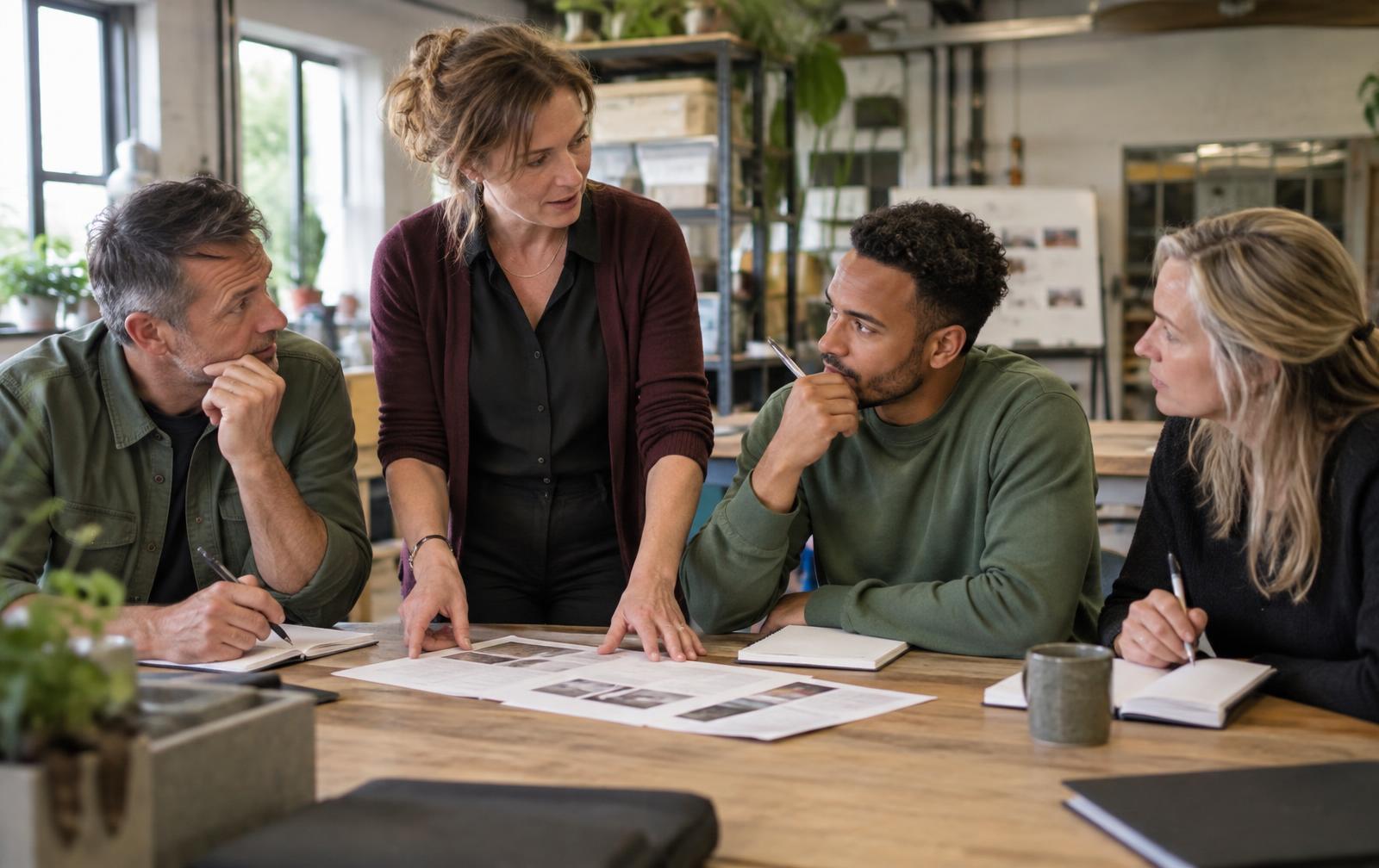 Trainer bespreekt een werkinstructie met drie leidinggevenden