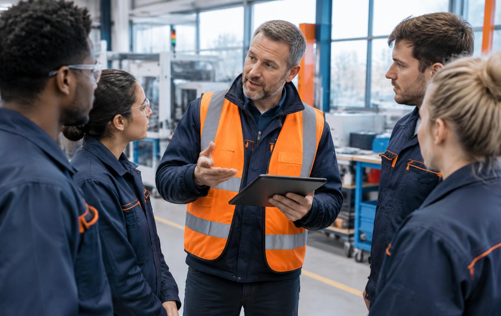 Productieleider geeft een toolboxinstructie aan zijn team